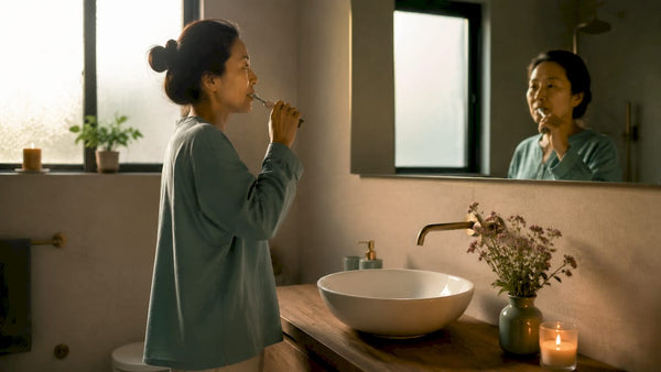 Woman using electric toothbrush in bathroom