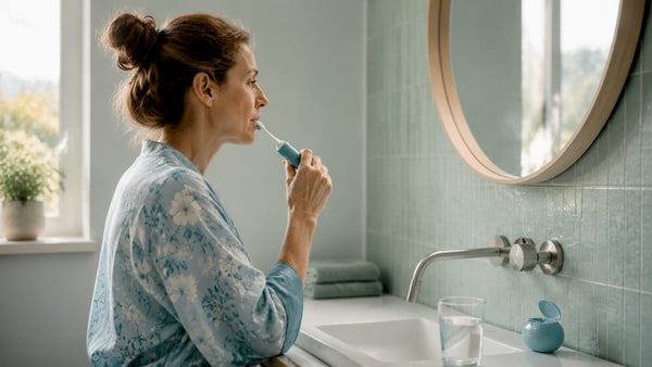 Woman using automatic toothbrush in bathroom