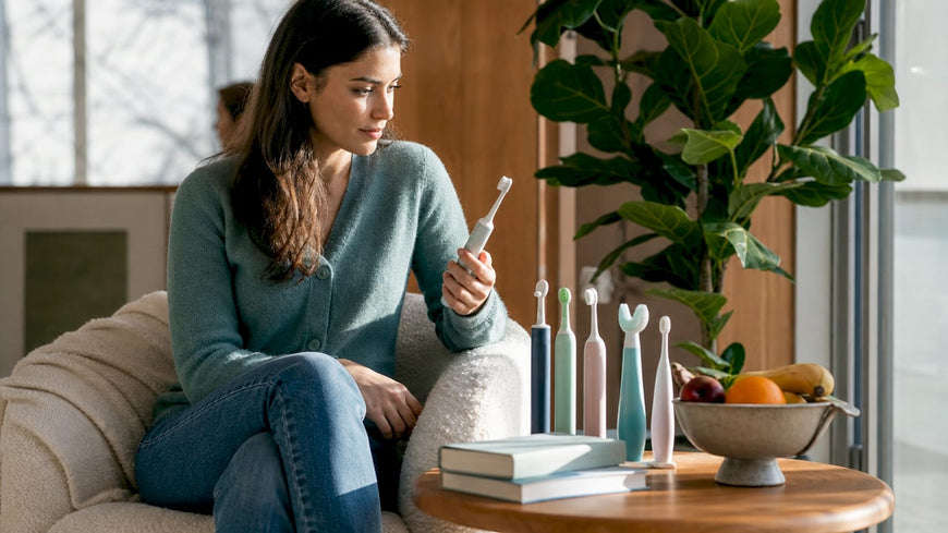 Woman comparing electric toothbrush alternatives in bathroom