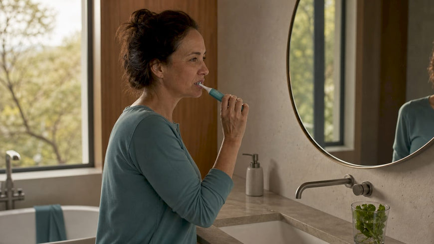 Woman using automatic toothbrush in bathroom