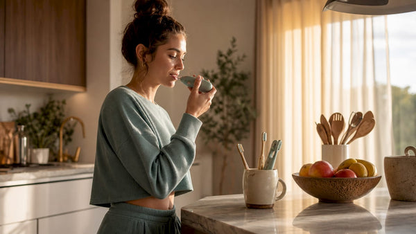 Woman using mouthpiece toothbrush alternative in bathroom