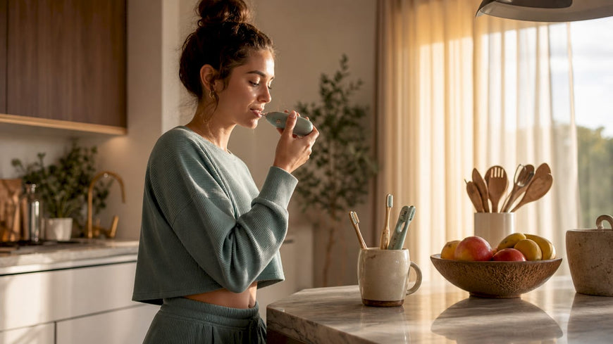 Woman using mouthpiece toothbrush alternative in bathroom