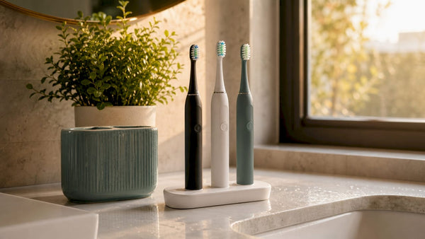 Three sonic toothbrushes charging on countertop
