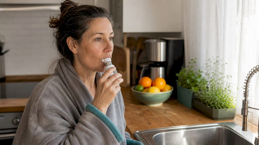 Woman brushing teeth with 360 toothbrush in bathroom