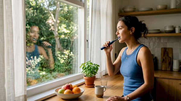 Woman brushing teeth with sonic toothbrush in bathroom