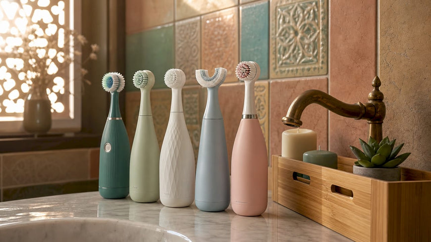 Various 360 degree toothbrushes on bathroom counter