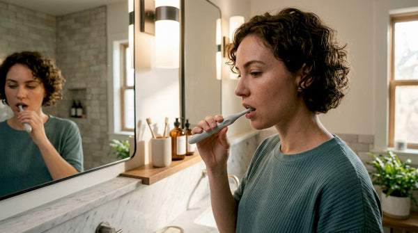 Woman using hands-free toothbrush in bathroom