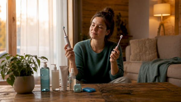 Woman comparing electric and manual toothbrushes in bathroom
