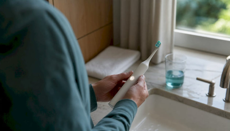 Hands holding automatic toothbrush with timer in bathroom
