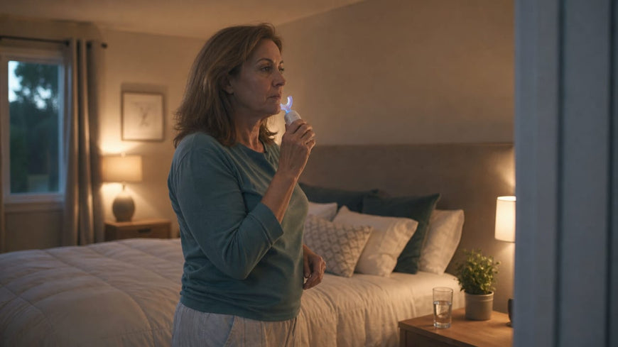 Woman preparing to use mouthpiece toothbrush at home