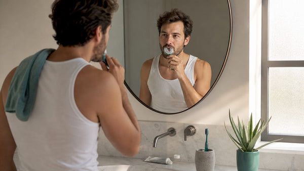 Person using 360 degree toothbrush in bathroom
