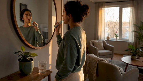 Woman using ultrasonic toothbrush at bathroom sink