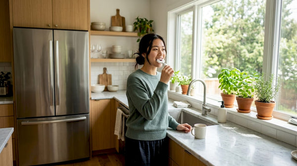 Woman brushing teeth with 360-degree toothbrush