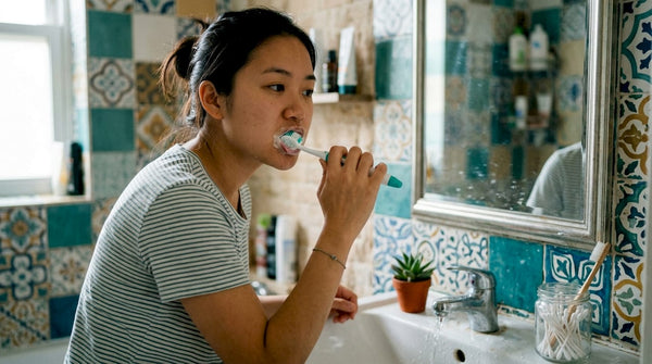 Woman brushing teeth with 360 toothbrush