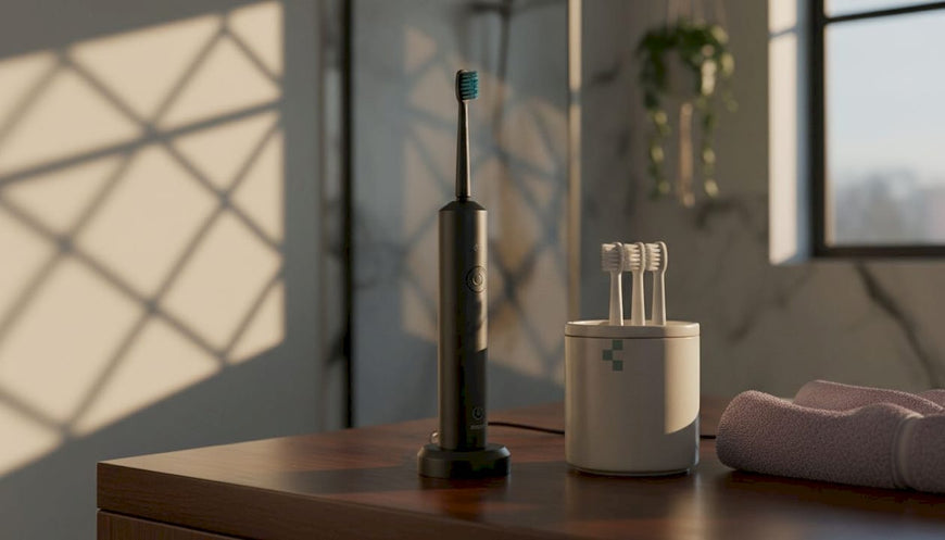 Electric toothbrush on bathroom countertop with charger