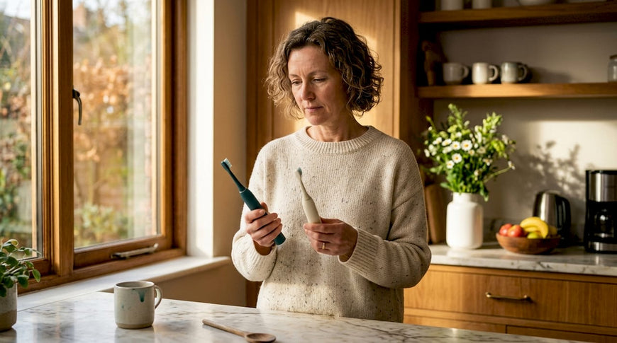 Woman comparing electric toothbrushes at home