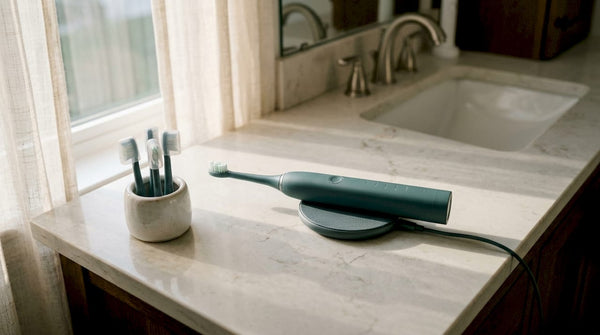Sonic toothbrush with charger on bathroom counter