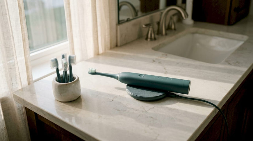 Sonic toothbrush with charger on bathroom counter