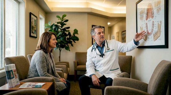 Patient consulting with dentist in clinic