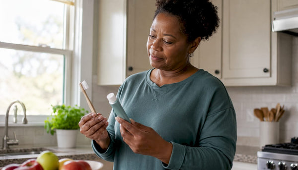 Woman selecting toothbrush and toothpaste
