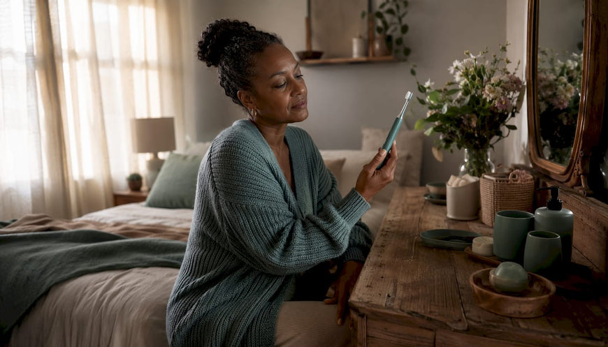 Woman examining smart toothbrush in bathroom