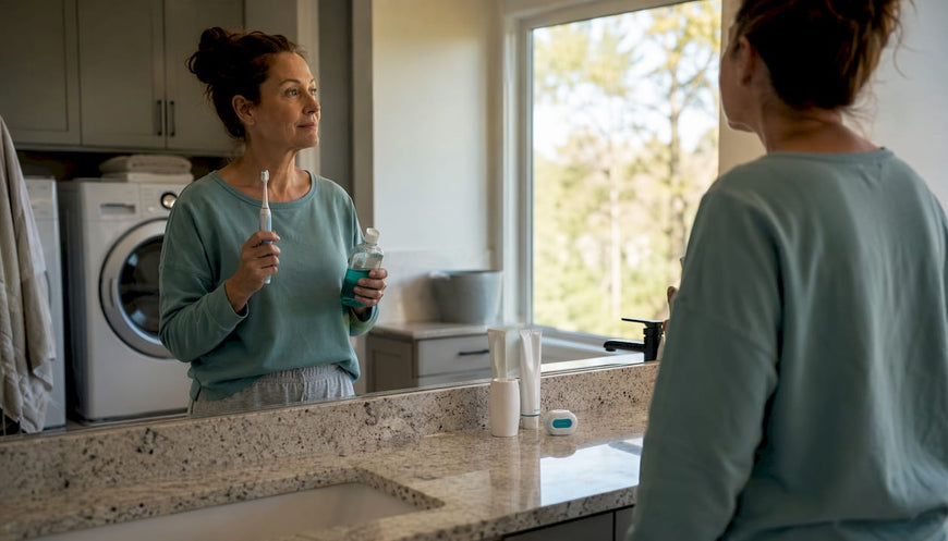 Woman preparing oral hygiene routine at bathroom sink