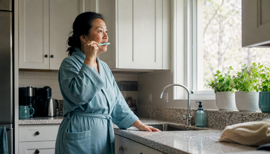 Woman brushing teeth in home bathroom