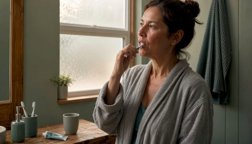 Woman brushing teeth in home bathroom morning