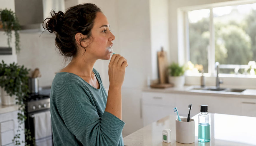 Woman brushing teeth in bathroom mirror