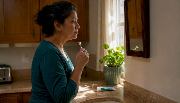 Woman brushing teeth in bathroom mirror