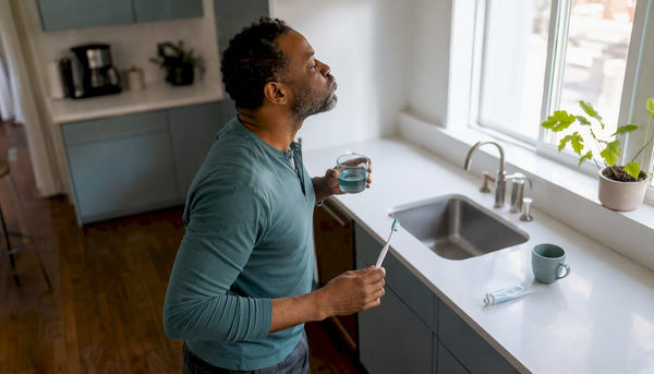 Man using mouthwash in bathroom mirror