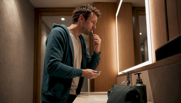 Traveler brushing teeth in airplane lavatory