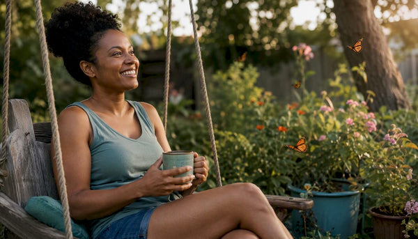 Woman smiling confidently outdoors on porch swing