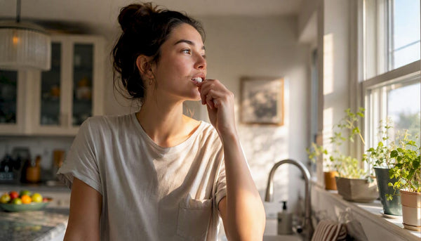 Person brushing teeth in morning bathroom