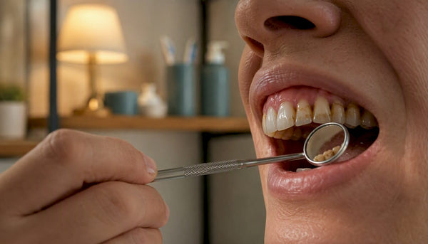 Close-up of teeth with tartar deposits near gums