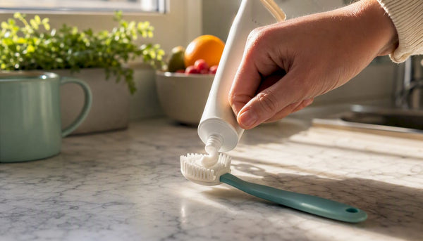 Hand squeezing toothpaste near glass of water