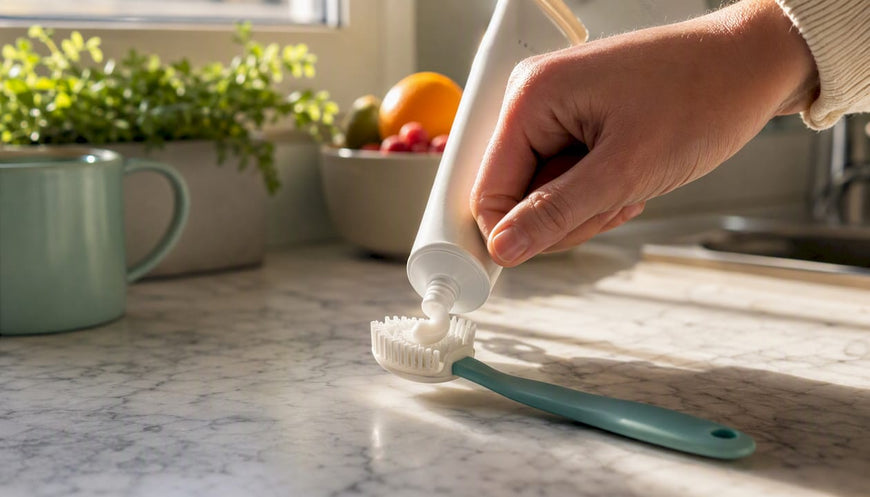 Hand squeezing toothpaste near glass of water