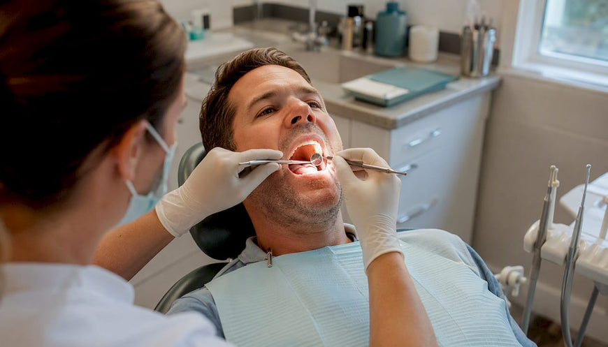 Dentist examining patient's mouth for signs