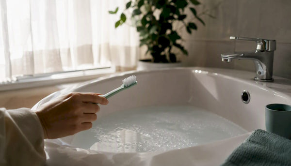 Soft toothbrush near baking soda rinse in bathroom