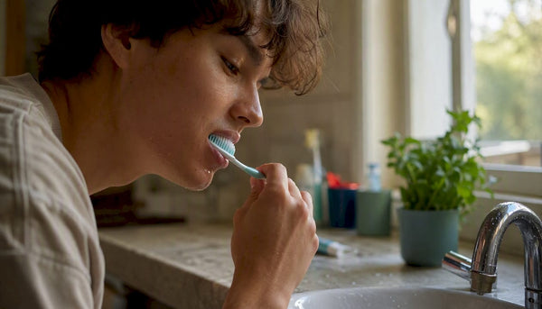 Person brushing teeth at bathroom sink