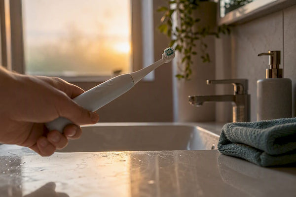 Hand holding electric toothbrush near bathroom sink