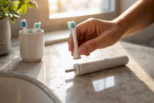 Hand fitting generic toothbrush head onto handle