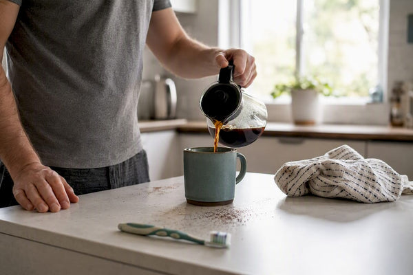 Coffee pouring beside toothbrush on kitchen counter
