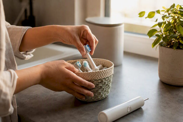 Hands packing toothbrush heads for recycling