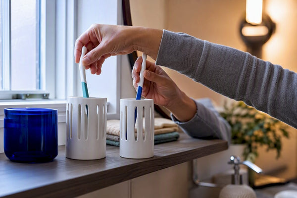 Caregiver separating toothbrushes into individual holders
