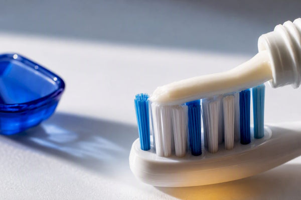 Low-abrasion toothpaste on sonic brush bristles