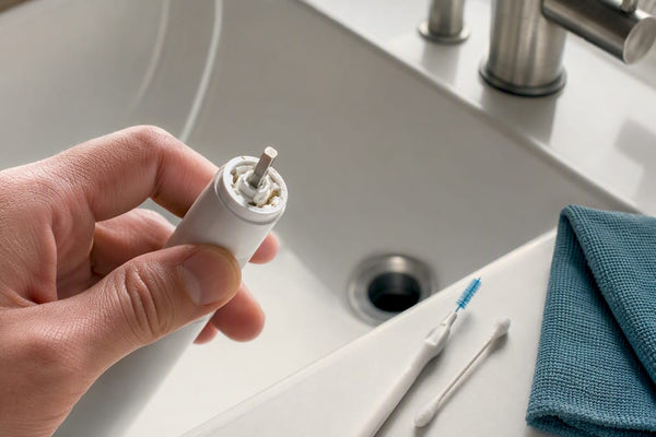 Hand inspecting toothbrush shaft connection