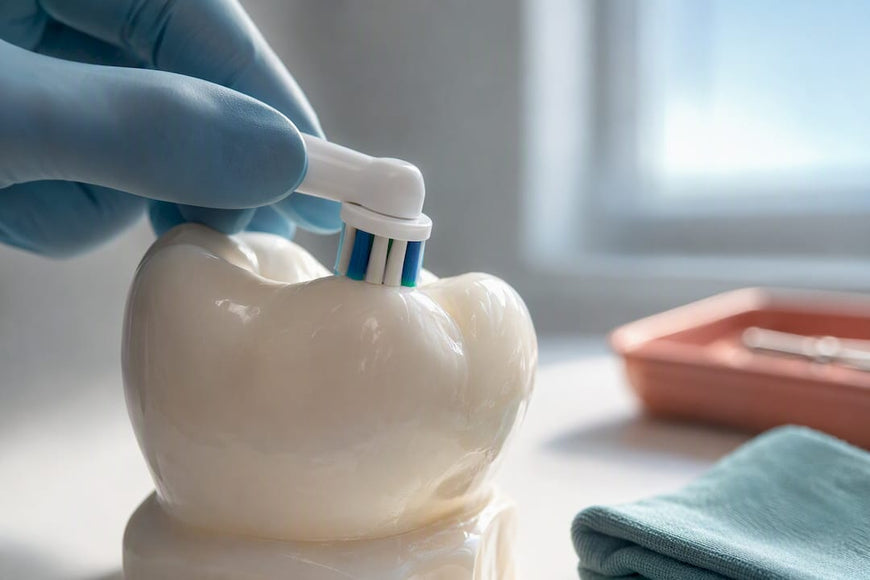 Bristles gently contacting an enamel tooth model