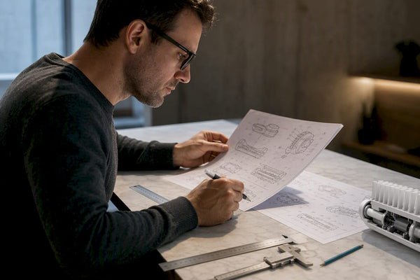 Engineer reviewing toothbrush patent drawings