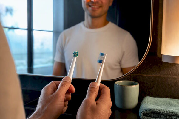 Adult comparing anonymous toothbrush bristle tips